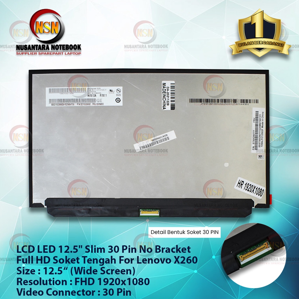 LCD LED 12.5&quot; Slim 30 Pin No Bracket Full HD Soket Tengah Lenovo X260