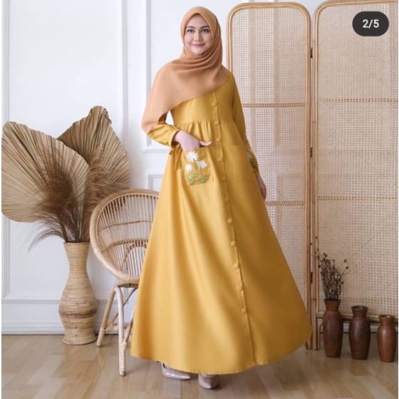Bahan TOYOBO PREMIUM | Ukuran 5L XXXL XXL XL L M S | BORDIR DAISY MAXI DRESS JUMBO-Mustard