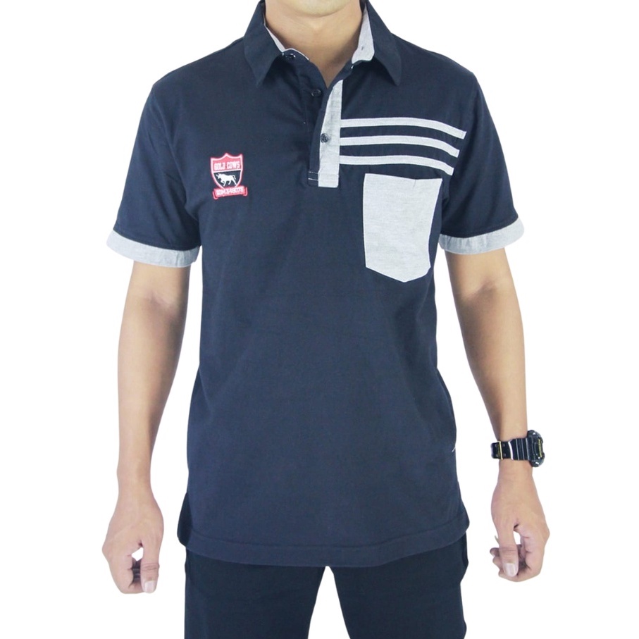 Gold Cows - Kaos Pria Polos Lengan Pendek Berkerah Bahan Katun Hitam 41580