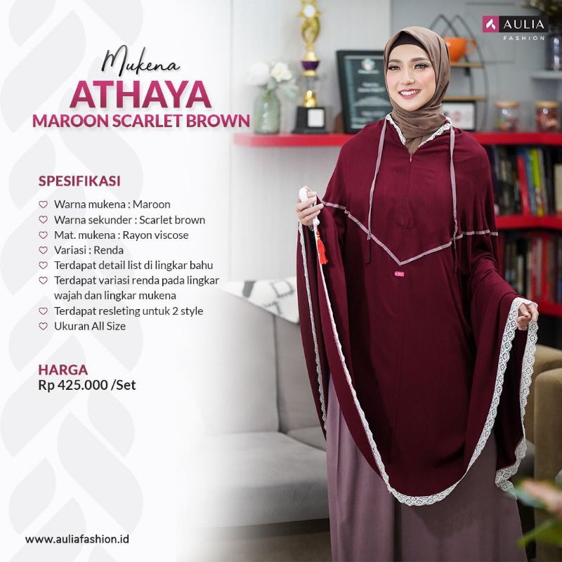MUKENA KEKINIAN 2 IN 1 AULIA FASHION "MUKENA ATHAYA MAROONE" MUKENA PREMIUM BAHAN ADEM DAN TIDAK PAN