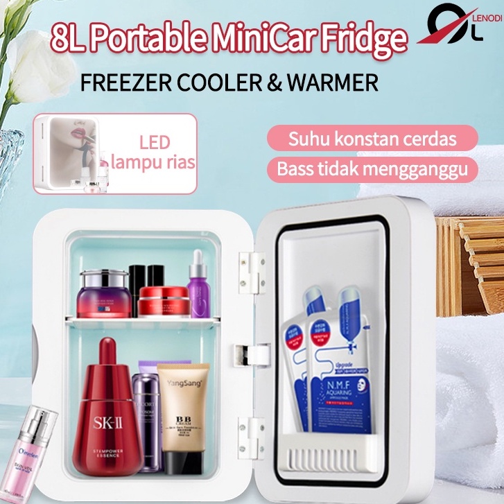 8L Kulkas Skincare Mini Fridge LED Mirror Minifridge Portable Cermin Skin Care Minifridge Kosmetik Makanan