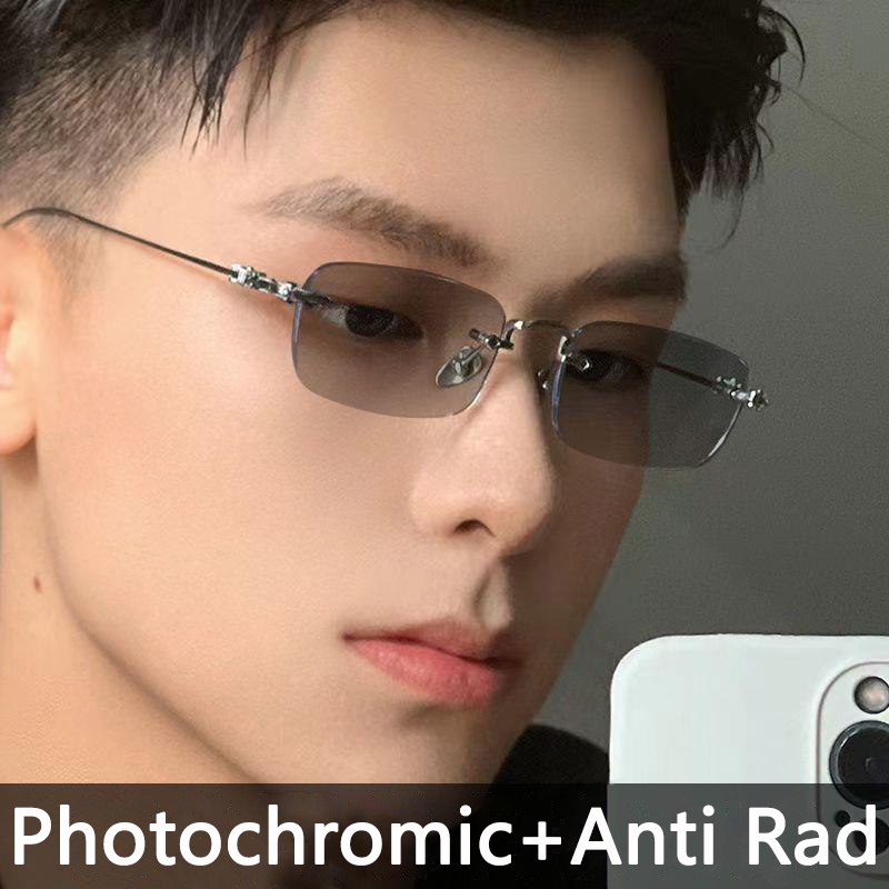 Original Photochromic Anti Radiasi Kacamata Tanpa Bingkai Wanita Pria Kacamata Transisi Warna Kacamata Komputer Eyewear Anti Blue Light UV400 Silau 2in1 Eyeglasses