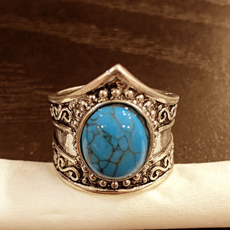 Cincin Silver Hias Batu Bulan Turquoise Gaya Etnik Bahan Stainless Steel