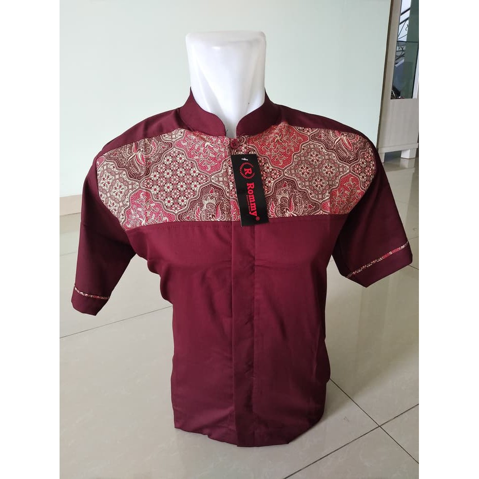 Fashion Muslim - Atasan - Baju Koko Kemeja \\U002F Baju Koko Muslim Pria Exe - Merah Marun Kombinasi