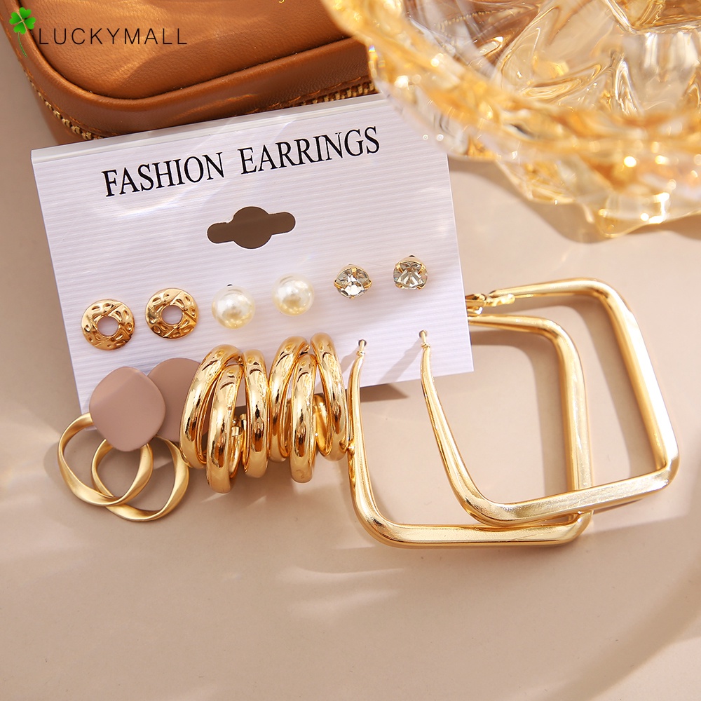 Set Anting Stud Kristal Mutiara Warna Emas Untuk Wanita