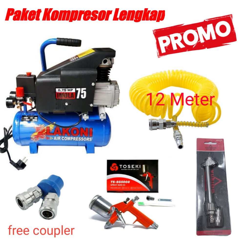 PAKET (4 ITEM) KOMPRSOR IMOLA75  Lakoni Kompresor Pompa Angin 0.75HP 9L