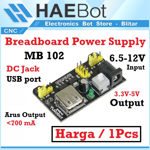 [HAEBOT] Breadboard Power Supply Daya 5V 3.3V USB Jack DC Board MB 102 MB102 Project Papan Roti Arduinoo