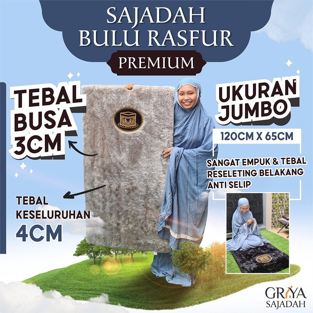 SAJADAH BULU RASFUR PREMIUM | UK JUMBO 65×120cm | TEBAL BUSA 3CM