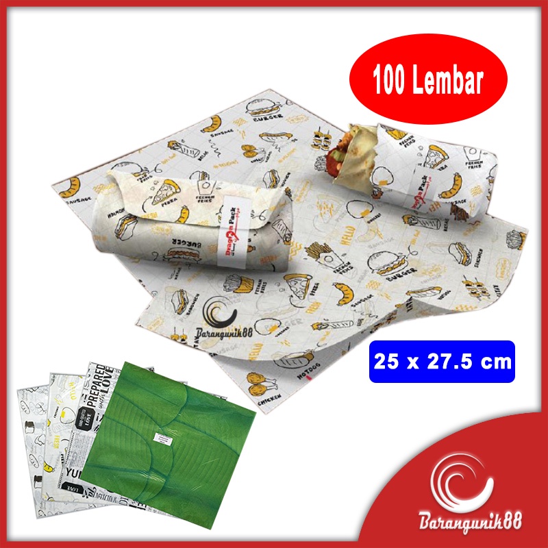 [25x27.5cm] Kertas Nasi Laminasi Kertas Burger Wax Paper Wrap Kebab Sandwich Anti Lengket 100Lembar