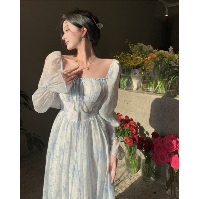 Shira Dress Floral Vintage Summer Holiday Sweet Hijab Vacation White Blue Spring Gaun Cantik Manis P