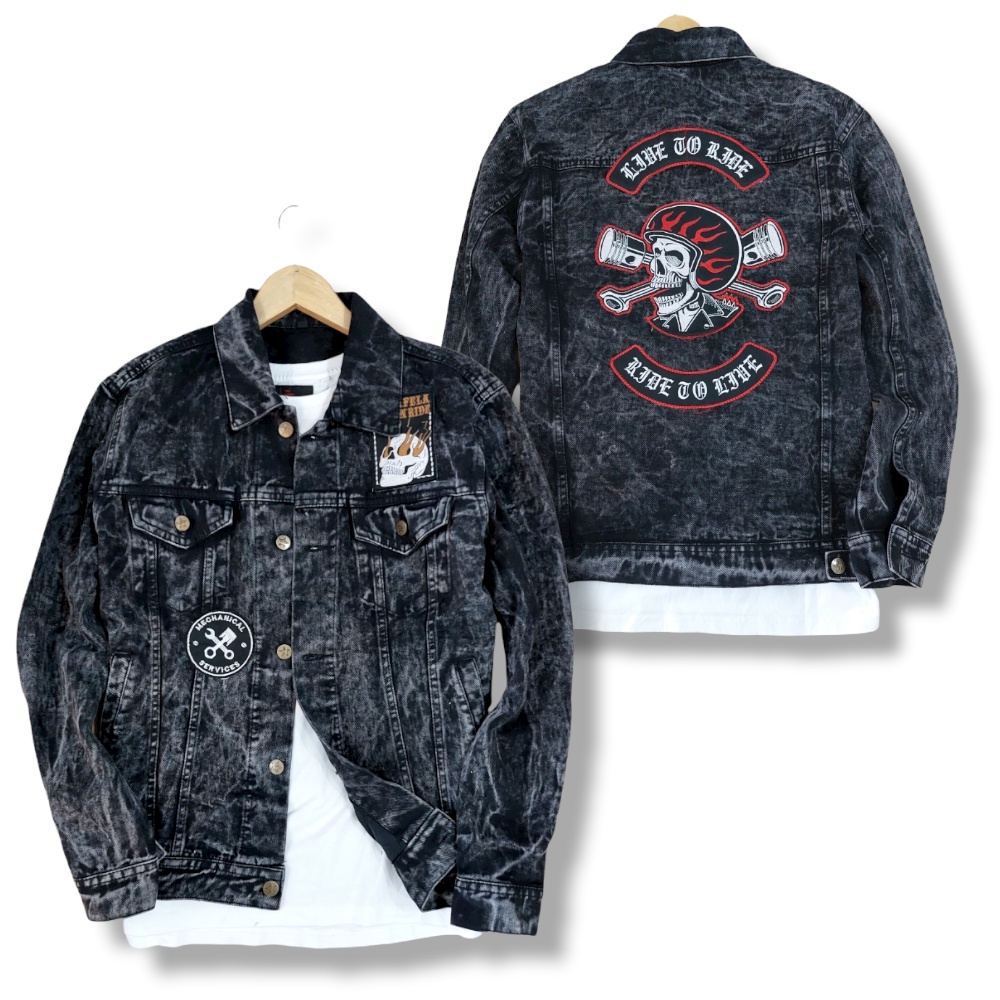 ROCAFELA - Jaket Jeans Denim Trucker Skull Snow Wash Patch Bordir - Black