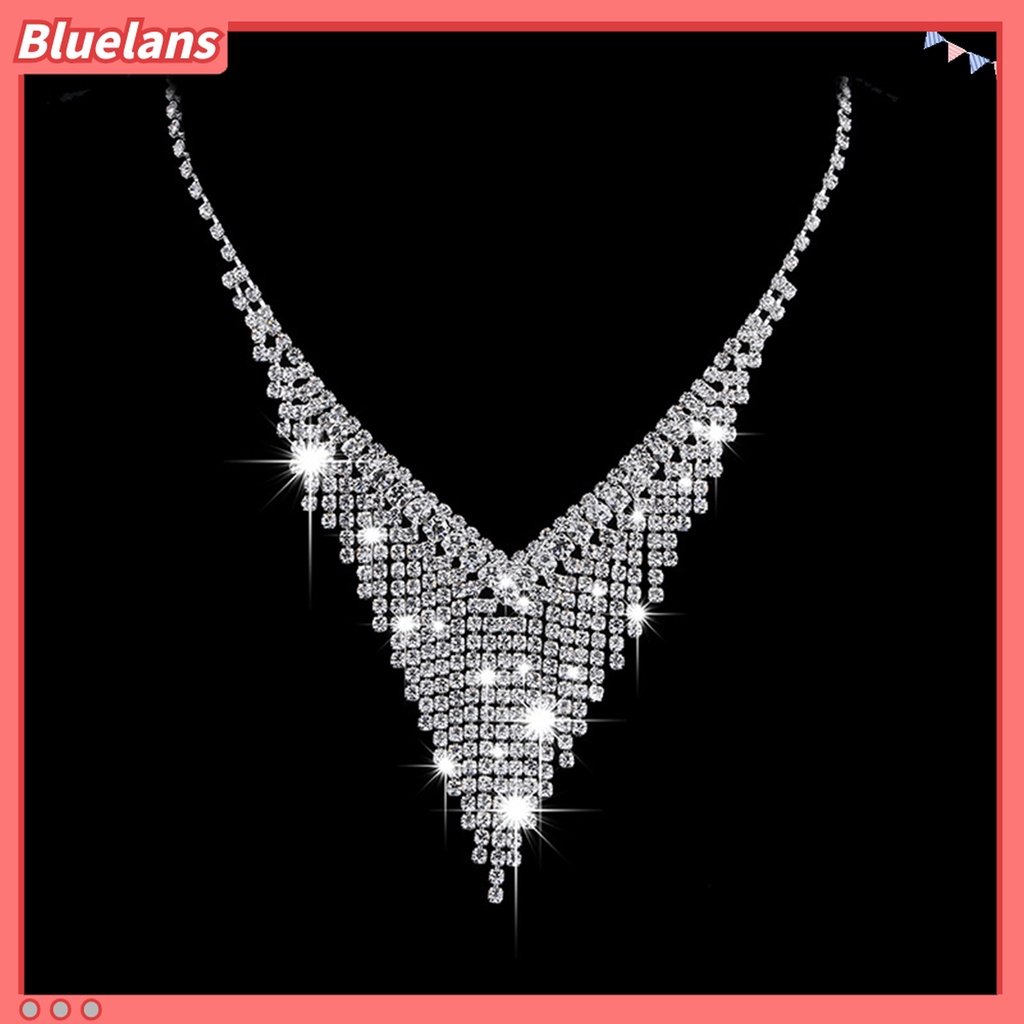 1 Set Kalung Choker Anting Rumbai Berlian Imitasi Model Hollow Out Shiny Untuk Pernikahan