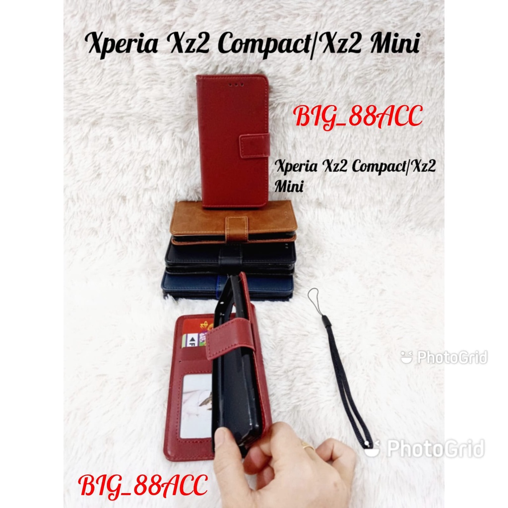 Leather Case Kulit Flip Cover Sony Xperia XZ2Mini / XZ2 Compact - Wallet Kulit Premium