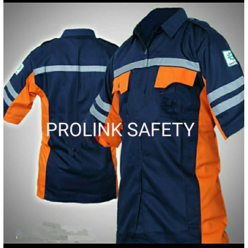 BAJU SAFETY SERAGAM LENGAN PENDEK FREE LOGO K3 BENDERA ORANYE DONGKER KANCING