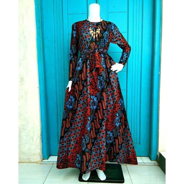 MS GAMIS BATIK FASHION SRIWEDARI MAXI BUMIL/BUSUI BUSANA MUSLIM TERMURAH SHOPEE-Seno biru