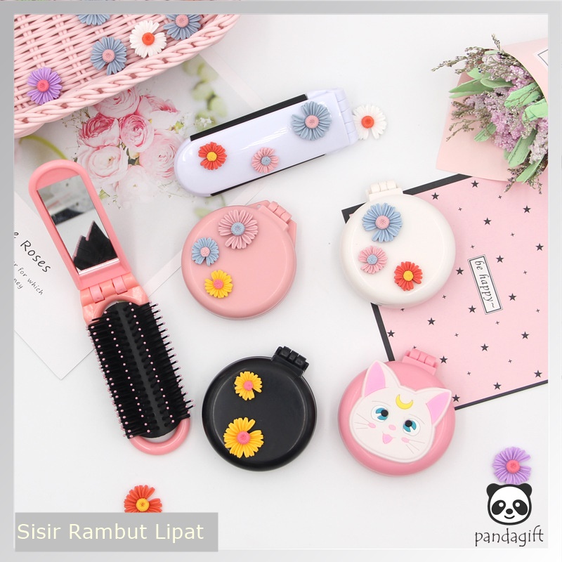 Sisir Cermin Bulat Lipat / Sisir Rambut Lipat Kaca Karakter Imut / Sisir Lipat Portable / Sisir 2IN1 / Comb 2In1 - GG0055