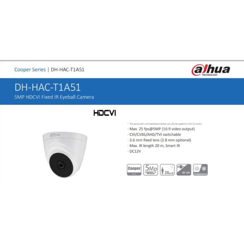 Kamera CCTV Indoor DAHUA 5MP DH-HAC-T1A51P-S2 NEW 16:9 Bonus 2 BNC DRAT