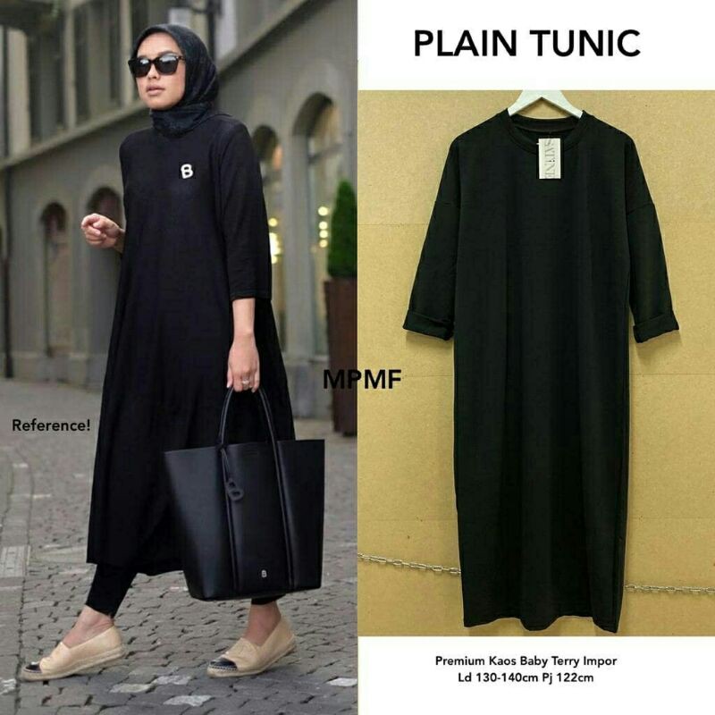 Plain Tunic long tunik black hitam babyterry import jumbo murah polos muslim wanita panjang kekinian