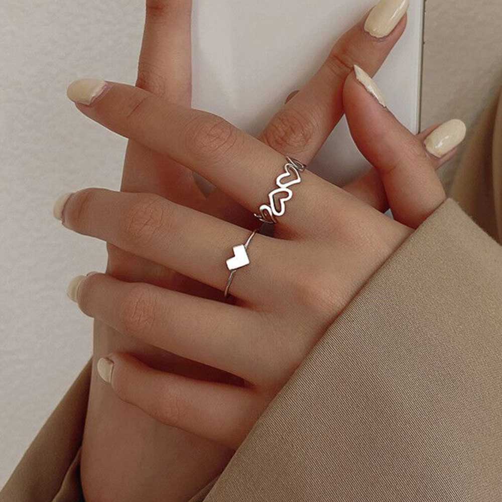 2pcs / Set Cincin Bentuk Hati Geometris Model Terbuka Bahan Logam Lapis Perak Untuk Wanita
