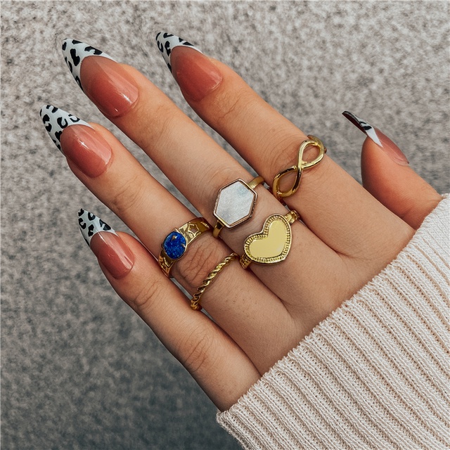 5 Pcs/set Gold Rings Set Simple Heart Shape Korean Elegant Finger Ring for Women Jewlery Fashion Accessories