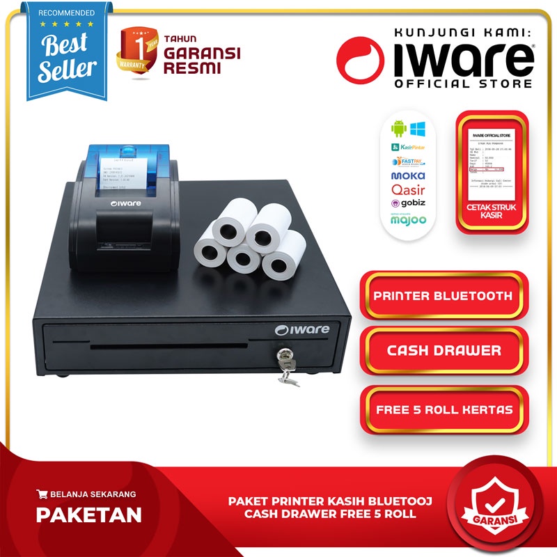 Paket Alat Kasir, Printer Kasir Thermal Bluetooth , Cash Drawer Free 5 Roll