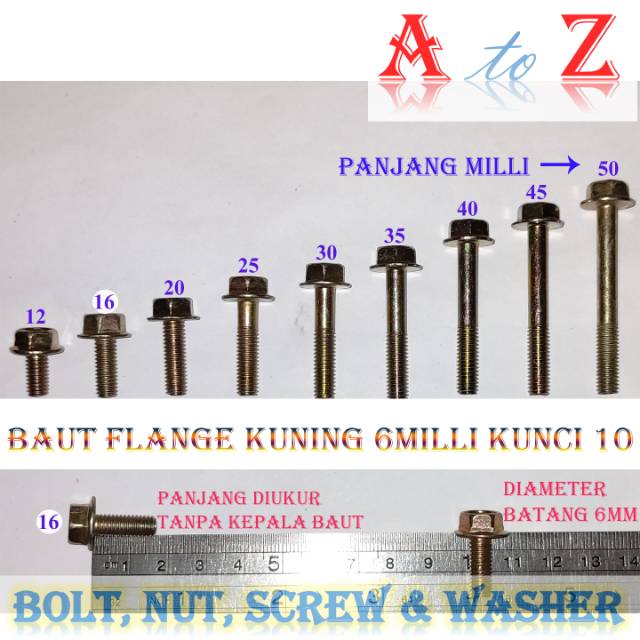 Baut flange 6x40mm/flange bolt 7 kuning 6 x 40 mm