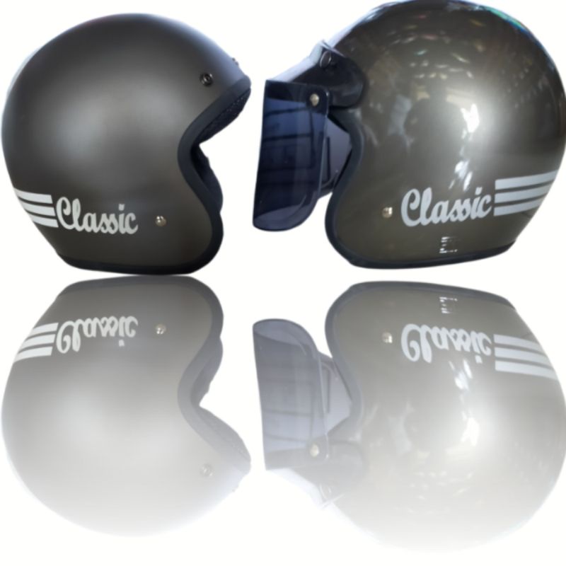Helm Bogo Garis Clasic Abu Abu glosy Abu doff Standart SNI Plus Kaca Flat Atau Kaca Cembung || Helm 