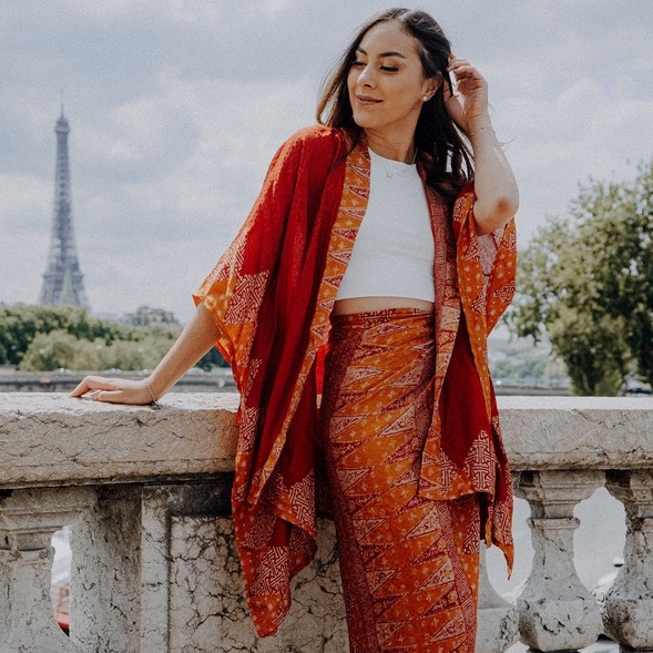 BATIK TRUSMI Setelan Outer Batik Rok Lilit Viscose Set Kombinasi Merah