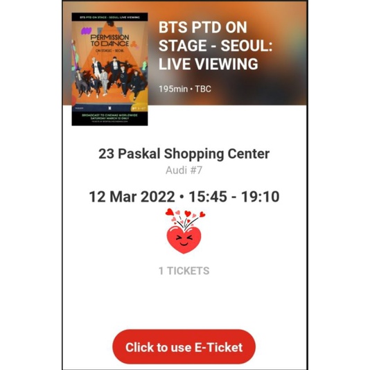 Tiket BTS PTD Live Viewing CGV Paskal sabtu 12 maret 15.45