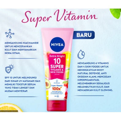 [[MERAH]]NIVEA EXTRA BRIGHT 10 SUPER VITAMINS &amp; SKIN FOODS SERUM SPF15 NIACIN 180ML