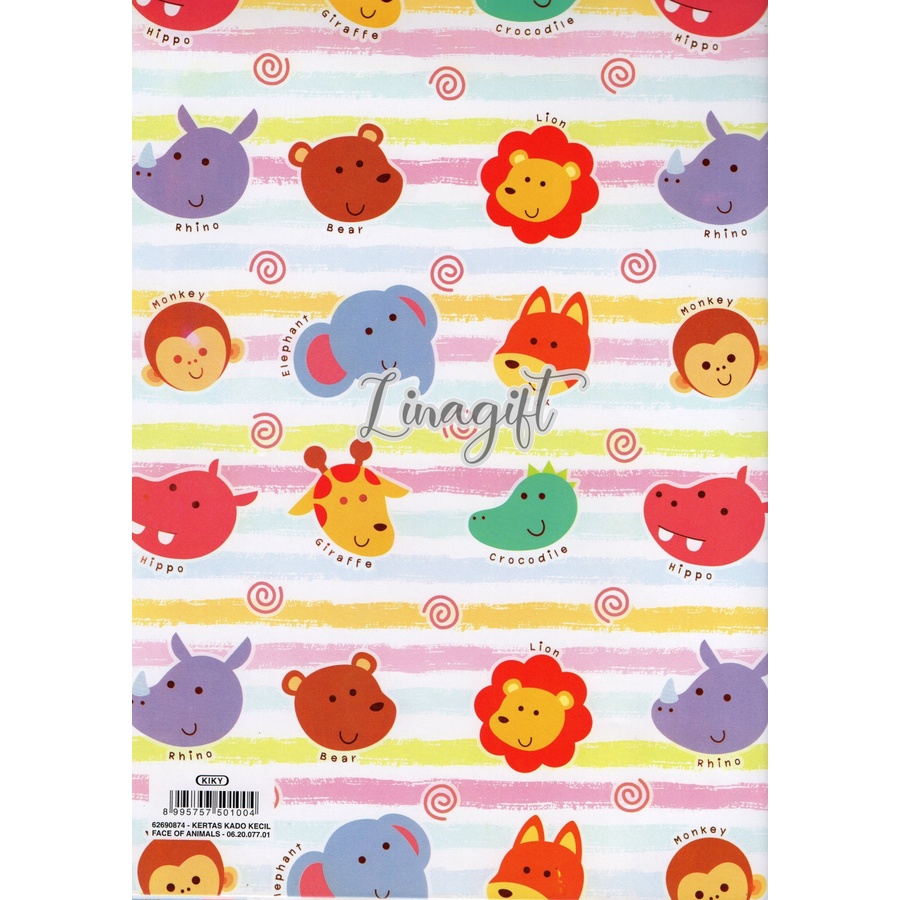 ( 5 Lembar ) FACE OF ANIMALS KIKY - KERTAS KADO - GIFT WRAPPING PAPER - DINOSAURUS / CAT / SAFARI / LION / CIRCUS / CUTE / ANAK / BIRTHDAY / ULANG TAHUN MOTIF