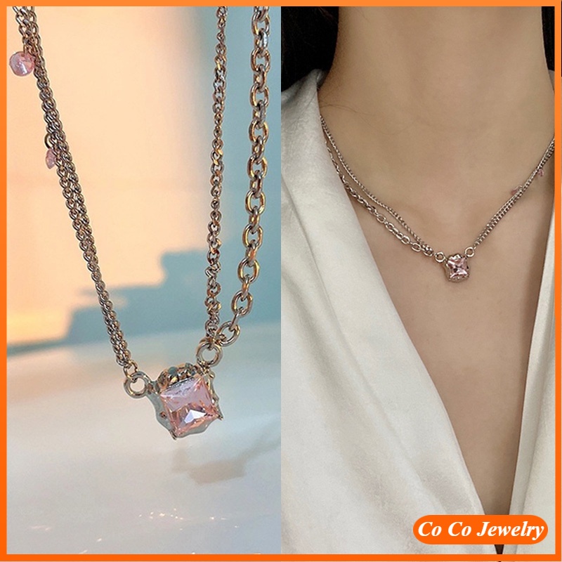 Kalung Rantai Klavikula Kristal Berlian Warna Pink Untuk Wanita