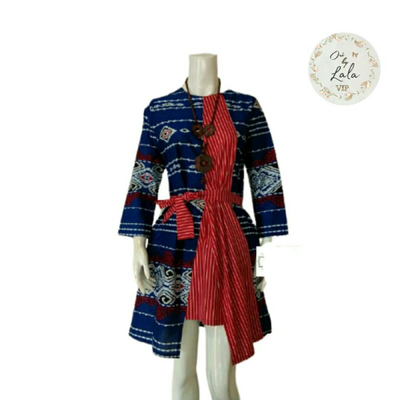 Tunik Batik Fanesa Peplum Tali Motif Asmat Songket Modern Kombinasi Merah Ziggy