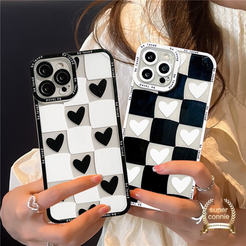 IPHONE Pasangan Kotak-Kotak Soft Tpu Case Untuk Iphone14 13 11 12 pro Max6 6s 8 7 plus XR X XS Max SE Cinta Hati Belakang Full Cover