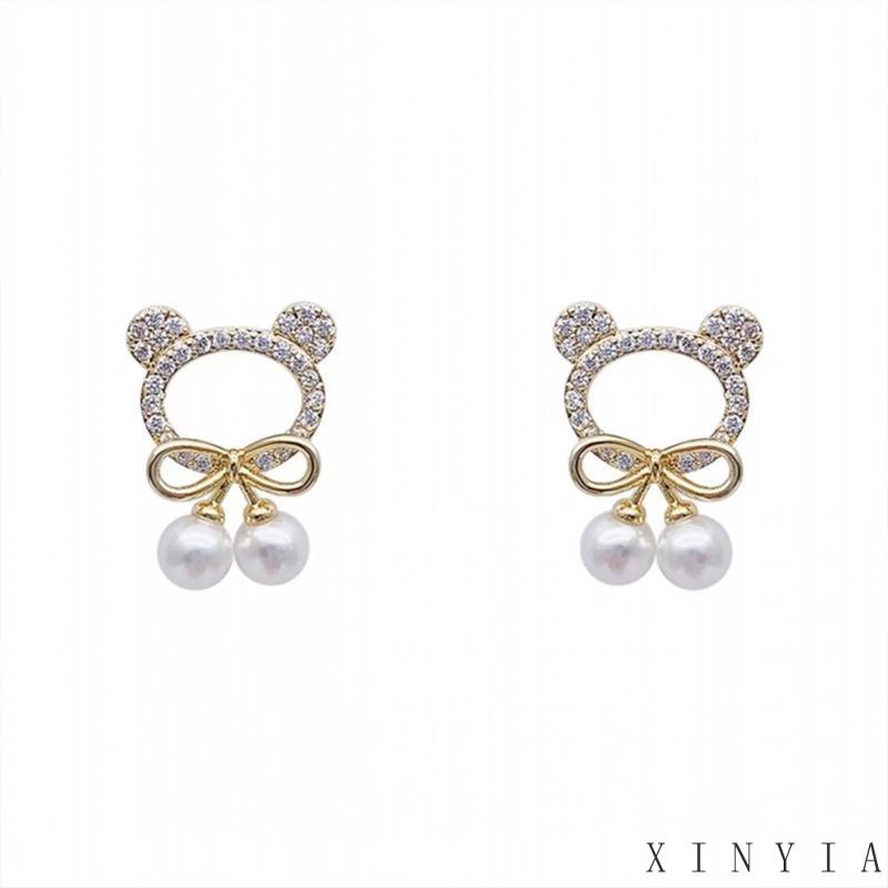 【COD】ANTING KOREA PEREMPUAN DEWASA MOTIF KEPALA BERUANG SIMPUL PITA MUTIARA AKSESORIS HIASAN TELINGA IMPORT