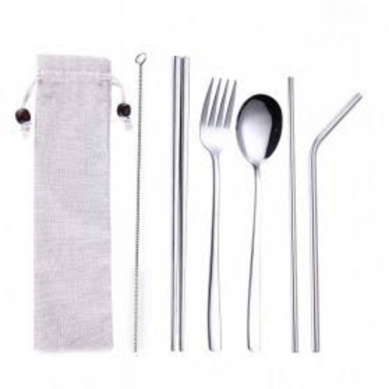 SET ALAT MAKAN / SET PERLENGKAPAN MAKAN SENDOK GARPU SEDOTAN 6 pcs - SILVER