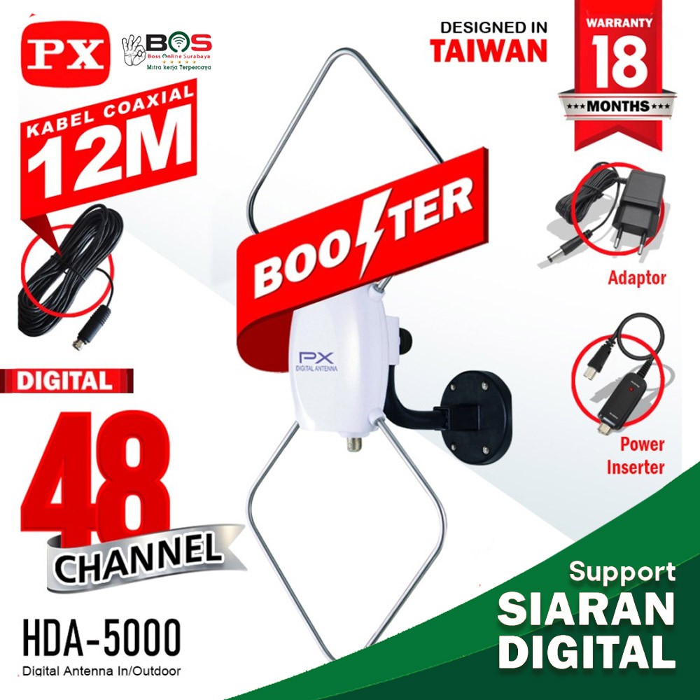 Antena TV Booster Indoor Outdoor PX HDA-5000 + Kabel 12 Meter Anten PX