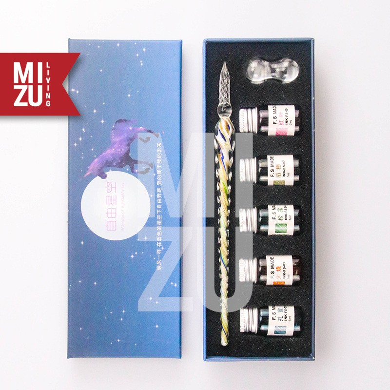 

HJK MIZU PENNA VETRO VI GLASS Dip Pen Kaca Calligraphy Set 5 Gold Glitter INK Tinta Pen Pillow