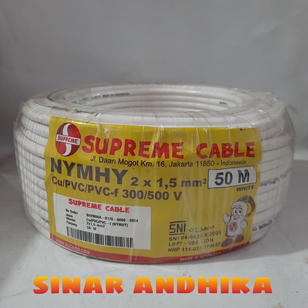 KABEL SUPREME NYMHY 2 X 1.5 MM PER ROLL SERABUT TEMBAGA ISI 2