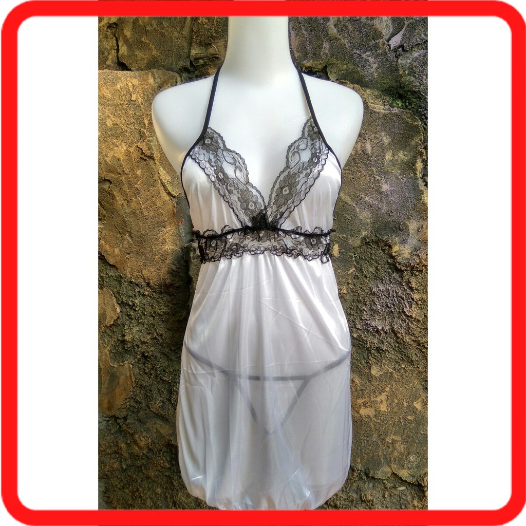 01 Lingerie Baju Tidur Sleepwear Sexy Warna Putih Sedikit Nerawang /  Transparan