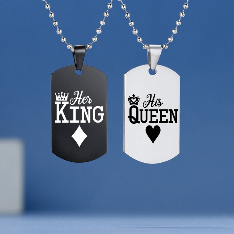 Fancyqube 2pcs / Set Kalung Tag Ukir Tulisan Her King His Queen Warna Hitam Untuk Hadiah Valentine