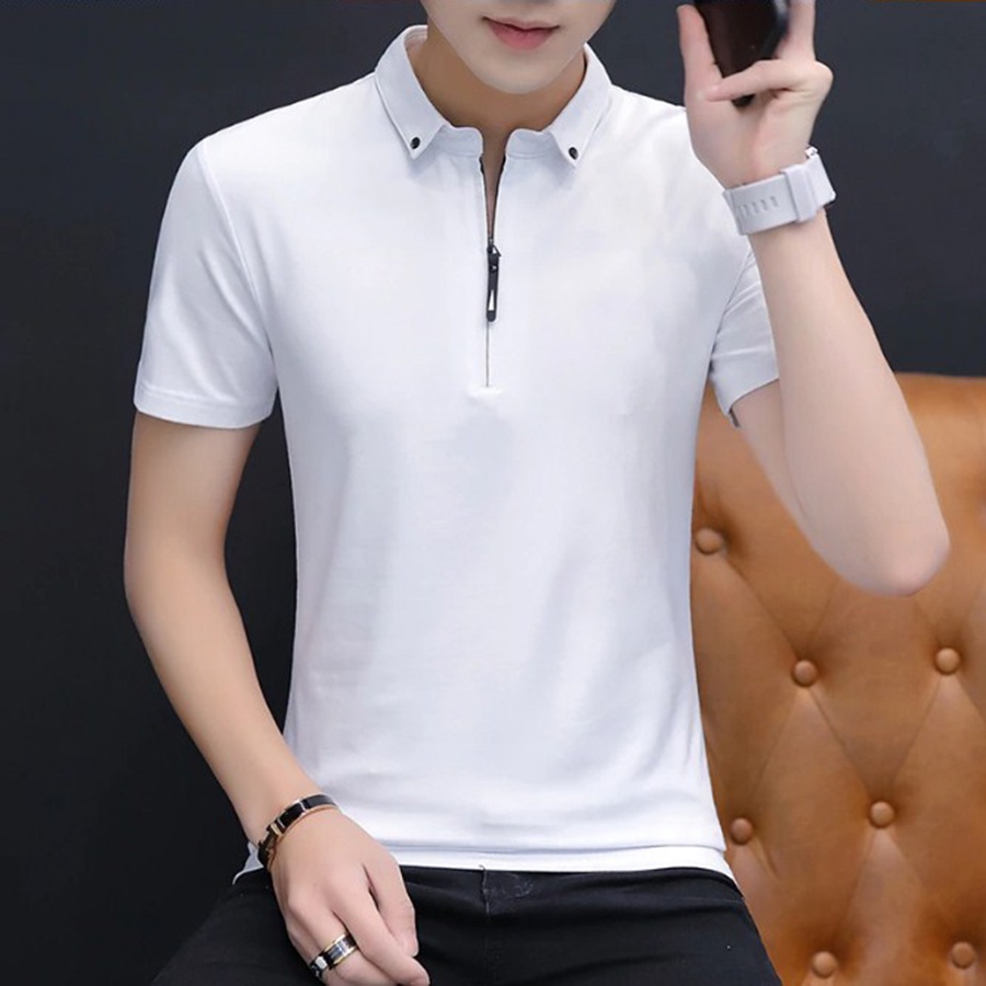 Kaos Kerah Pria Lengan Pendek Resleting ELYON Polo Shirt Formal Hitam Polos