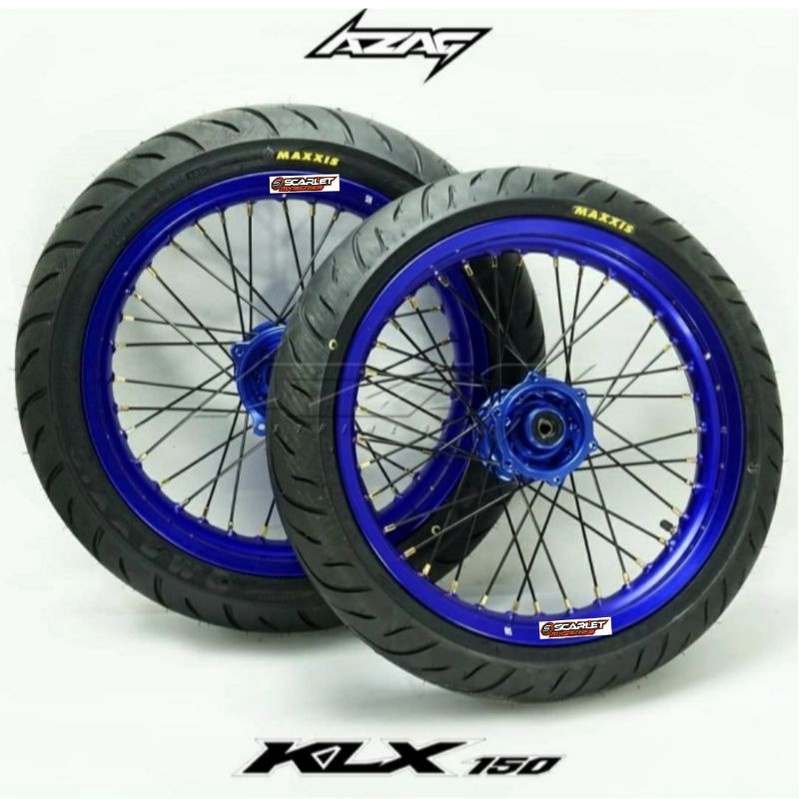 BAN SET WHELSET KLX DTRACKER 150 SUPERMOTO VELG SCARLET TROMOL CNC BIRU BAN MAXXIS 110-130/70/7