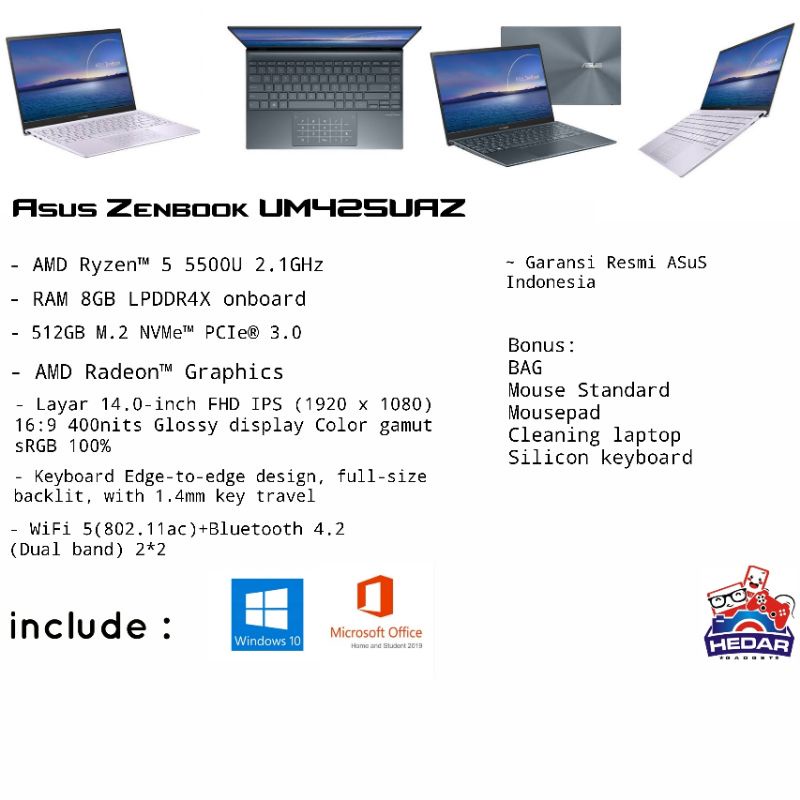 Asus Zenbook UM425UAZ Ryzen 5 5500U 8GB 512GB Radeon W10 OHS 14 FHD