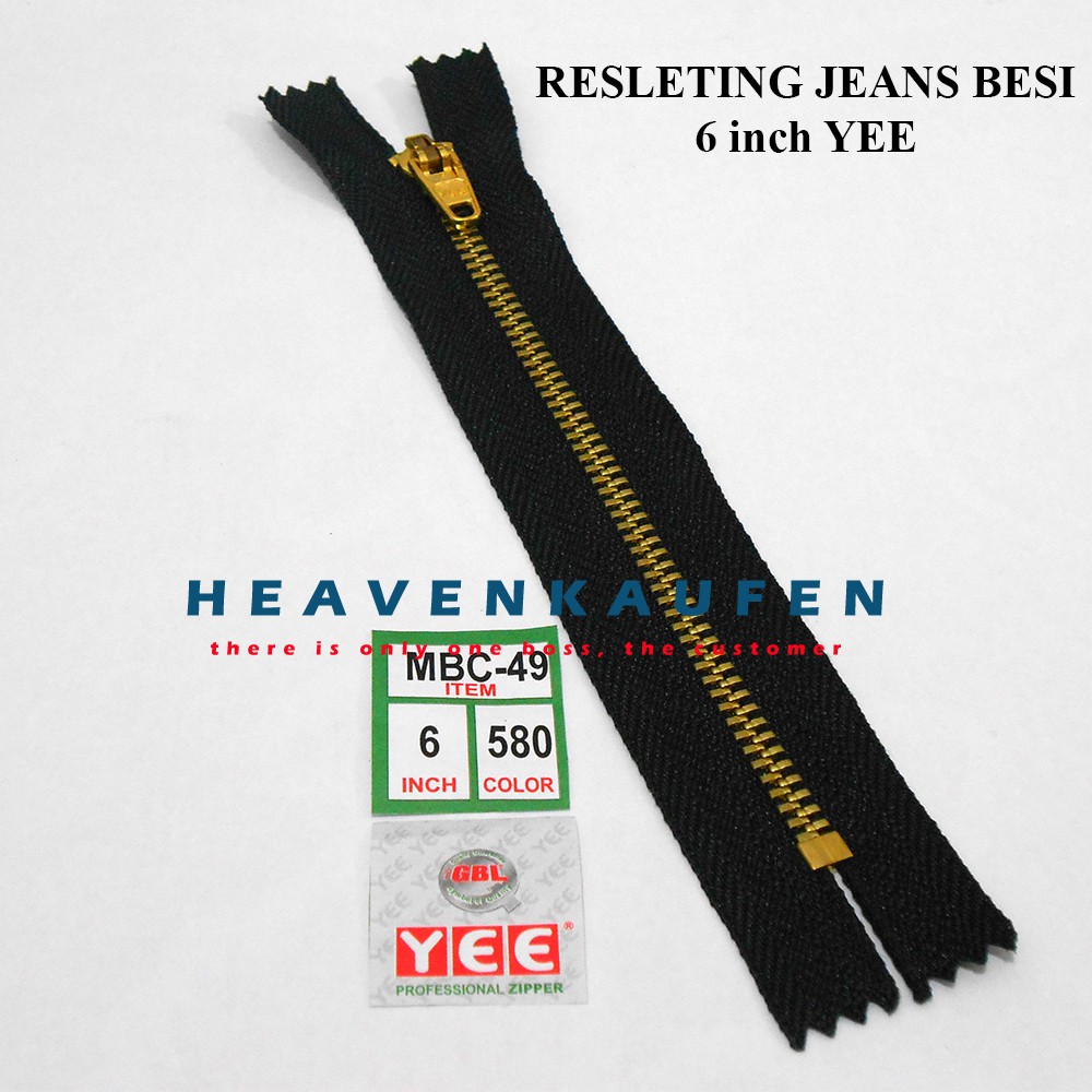 Resleting/Zipper Jeans Besi YEE 15 cm (6 inch) Hitam-Gold Murah