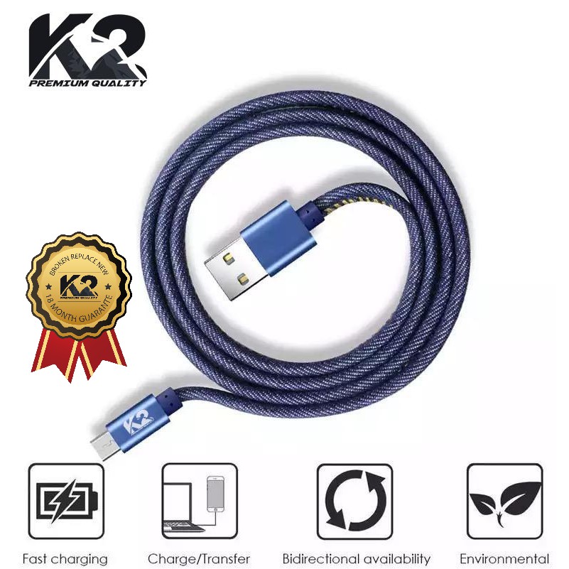 KABEL DATA DENIM K2 PREMIUM QUALITY K2-C04 MICRO / TYPE C / LIGHTNING Fast Charging