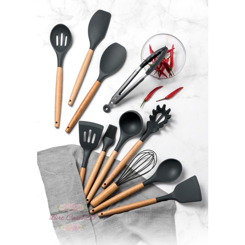 RT82 KITCHEN UTENSIL SILICONE WOOD 12PCS SET PERALATAN DAPUR MASAK BAKING SUTIL SPATULA SENDOK SILIKON SET ALAT MASAK 11 IN 1 GAGANG KAYU BC6219