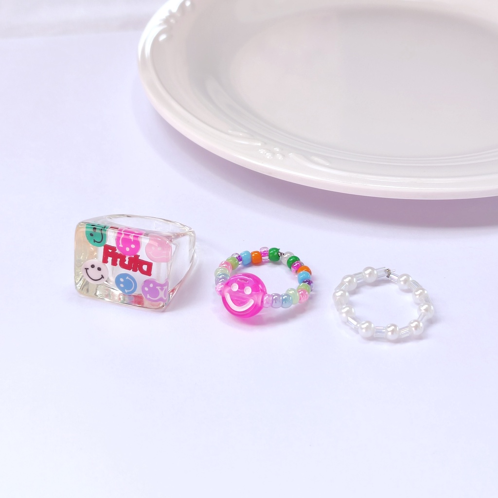 Happy Sunny Ring Set | Cincin Kristal Stone Adjustable Manik Korea, Akrilik Resin Pearl, Crystal, Pe