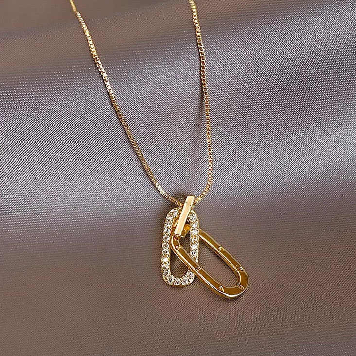 Kalung Rantai Dengan Liontin Cincin Ganda Oval Untuk Sweater