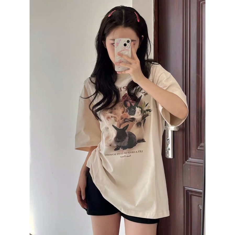 American Vintage Cute Rabbit Letter Pattern printing Overszie T-shirt baju kaos wanita/kaos puith